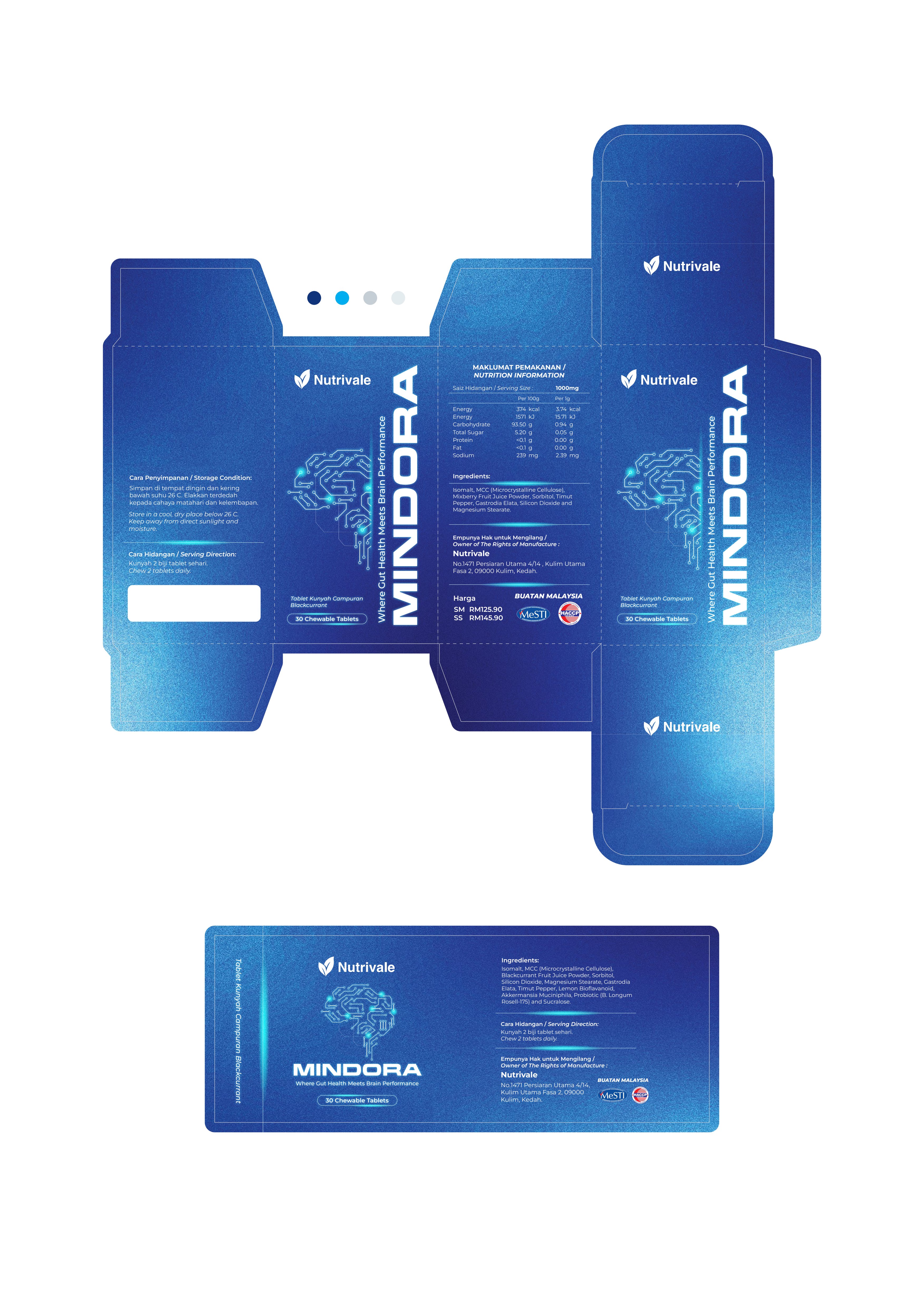 Mindora packaging dieline, full box artwork