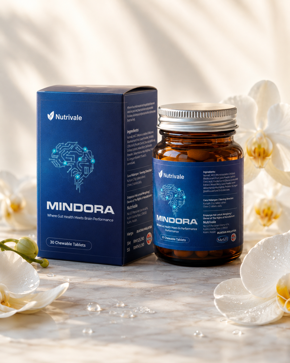 Mindora bottle and box among white orchids